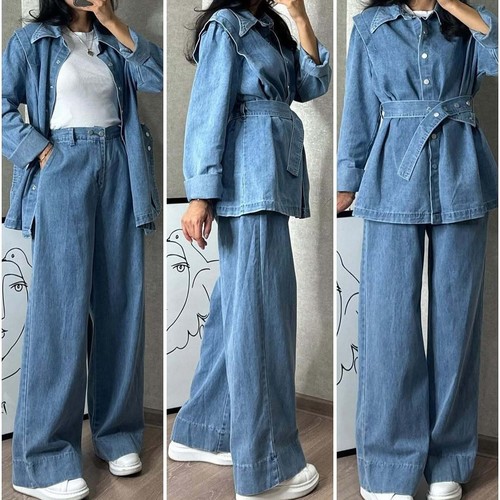 TWO PIECE LONG SLEEVE BLUE DENIM AND WIDE LEG JEANS / GL-0074 - TWO PIECE LONG SLEEVE BLUE DENIM AND WIDE LEG JEANS