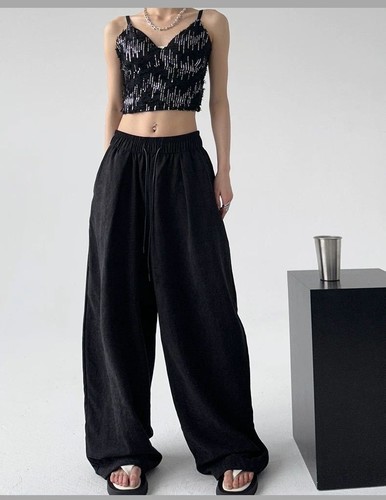 COLOR BLACK WIDE-LEG PANTS HIGH WAIST / GL-0079 - COLOR BLACK WIDE-LEG PANTS HIGH WAIST