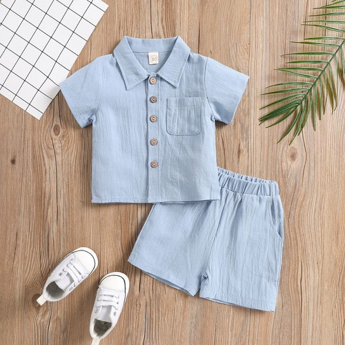 TWO PIECE LINEN SHORT SLEEVE POLO SHIRT AND SHORT FOR BOYS / BY-0035 - COLOR BLUE TWO PIECE LINEN SHORT SLEEVE POLO SHIRT AND SHORT FOR BOYS
