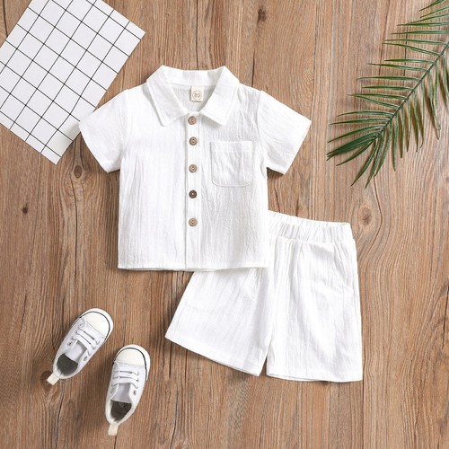 TWO PIECE LINEN SHORT SLEEVE POLO SHIRT AND SHORT FOR BOYS / BY-0036 - COLOR WHITE TWO PIECE LINEN SHORT SLEEVE POLO SHIRT AND SHORT FOR BOYS