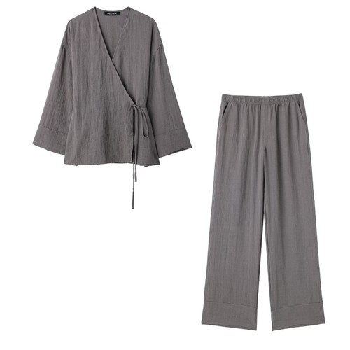 COLOR GRAY TWO PIECE SET LONG SLEEVE COAT AND WIDE-LEG PANTS / WD-0148 - COLOR GRAY TWO PIECE SET LONG SLEEVE COAT AND WIDE-LEG PANTS