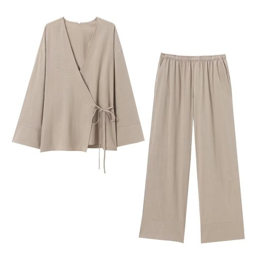 COLOR KHAKI TWO PIECE SET LONG SLEEVE COAT AND WIDE-LEG PANTS / WD-0149 - COLOR KHAKI SIZE LARGE TWO PIECE SET LONG SLEEVE COAT AND WIDE-LEG PANTS