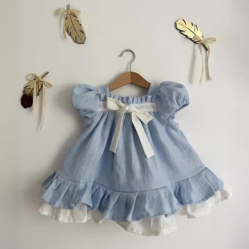 COLOR BLUE SPLICING STYLE PUFF SLEEVE DRESS / BB-0259 - COLOR BLUE SPLICING STYLE PUFF SLEEVE DRESS