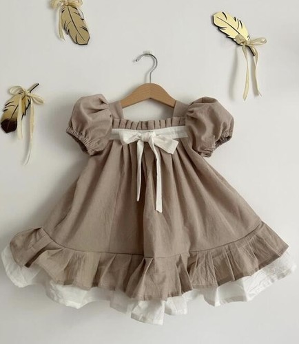 COLOR BROWN SPLICING STYLE PUFF SLEEVE DRESS / BB-0263 - COLOR BROWN SPLICING STYLE PUFF SLEEVE DRESS