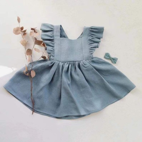 COLOR BLUE LINEN GIRL DRESS / BB-0265 - COLOR BLUE LINEN GIRL DRESS