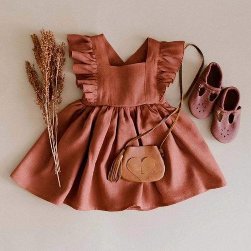 COLOR BRICK RED LINEN GIRL DRESS / BB-0268 - COLOR BRICK RED 90CM LINEN GIRL DRESS