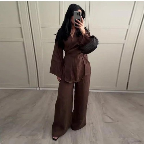 COLOR BROWN TWO PIECE SET TOPS AND WIDE-LEG PANTS / WD-0152 - COLOR BROWN TWO PIECE SET TOPS AND WIDE-LEG PANTS