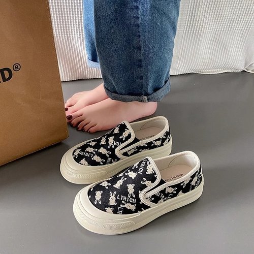 CASUAL SHOES / WS-0061 - Casual shallow-mouth flat canvas shoes Color : Floral black Size : 35, 36, 37, 38, 39