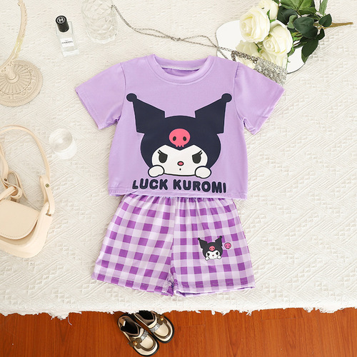 LOOSE SHIRT WITH PLAID SHORTS- SET / BB-0281 - Color : Purple Suitable for height : 110 cm, 120cm, 130cm, 140cm