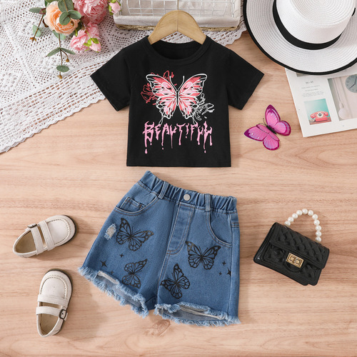 BUTTERFLY SHIRT DENIM SHORTS- SET / BB-0291 - Color : Black Suitable for height : 100cm-4Y, 110cm-5Y, 120cm-6Y, 130cm-7Y
