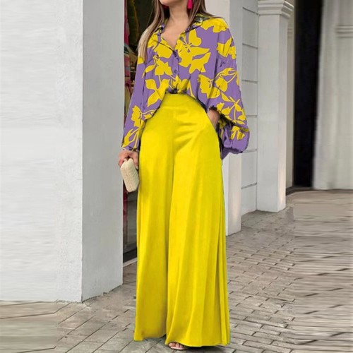 TWO PIECE CASUAL LOOSE TOP AND BOTTOM / WD-0191 - COLOR YELLOW SIZE XL TWO PIECE CASUAL LOOSE TOP AND BOTTOM