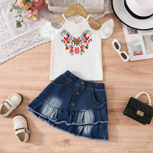 PRINTED TOP DENIM SKIRT-SET / BB-0293 - Color : White Suitable for height : 100cm-4Y, 110cm-5Y, 120cm-6Y
