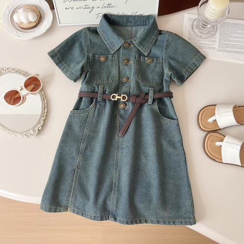 SHORT SLEEVE DENIM DRESS WITH BELT / BB-0294 - Color : 24283 color ; Suitable for height : 100cm, 110cm, 120cm, 130cm, 140cm