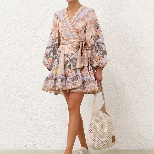 CROSS-LACE WAIST LONG SLEEVE RUFFLE DRESS / WD-0199 - CROSS-LACE WAIST LONG SLEEVE RUFFLE DRESS