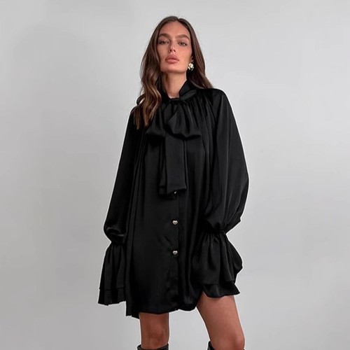 BLACK LACE SATIN LONG SLEEVE DRESS / WD-0200 - BLACK LACE SATIN LONG SLEEVE DRESS