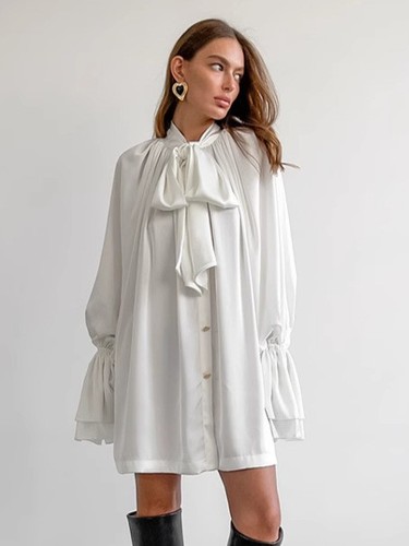 WHITE LACE SATIN LONG SLEEVE DRESS / WD-0201 - WHITE LACE SATIN LONG SLEEVE DRESS