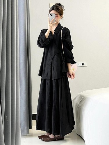 TWO PIECE LONG SLEEVE SHIRT AND SKIRT / WD-0212 - COLOR BLACK