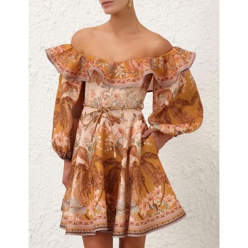 OFF-SHOULDER LANTERN SLEEVES HIGH WAIST DRESS / WD-0213 - COLOR PRINTED BROWN WITH BELT