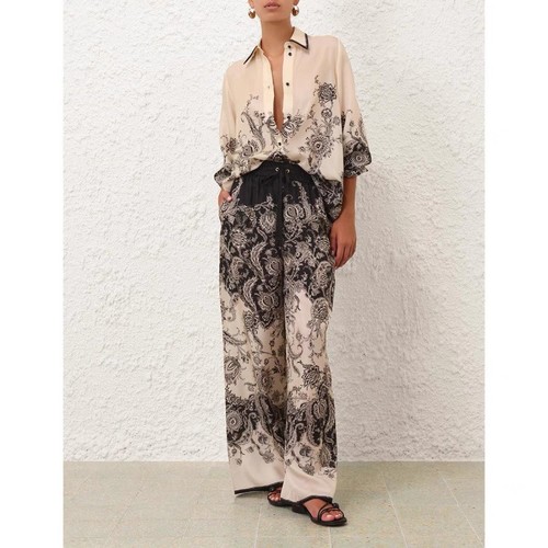 TWO PIECE LOOSE CASUAL SHIRT AND WIDE LEG PANTS / WD-0214 - COLOR PRINTED BLACK