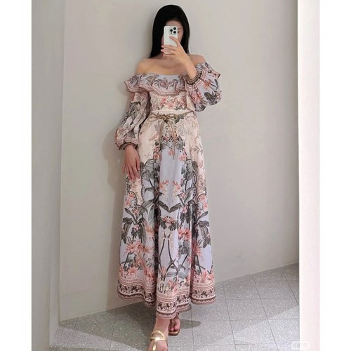 OFF-SHOULDER LANTERN SLEEVES HIGH WAIST DRESS / WD-0215 - COLOR PRINTED BLUE