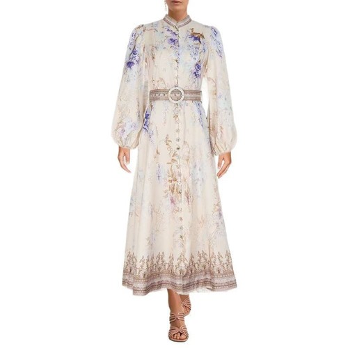 HALF-HIGH COLLAR LONG-SLEEVED LINEN DRESS / WD-0216 - COLOR WHITE WITH BELT
