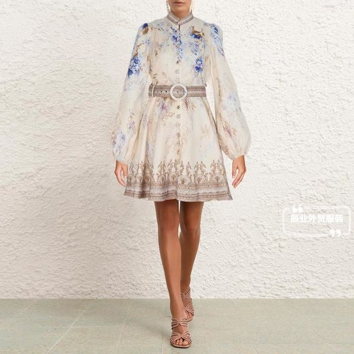 HALF-HIGH COLLAR LONG-SLEEVED LINEN DRESS/ WD-0217 - COLOR WHITE ABOVE THE KNEE DRESS