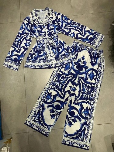 TWO PIECE SET LACE UP SHIRT AND WIDE LEG PANTS / WD-0218 - COLOR BLUE