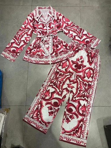 TWO PIECE SET LACE UP SHIRT AND WIDE LEG PANTS / WD-0219 - COLOR RED