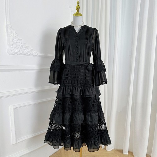 HOLLOW LACE TRUMPET LONG SLEEVE HIGH WAIST DRESS / WD-0220 - COLOR BLACK