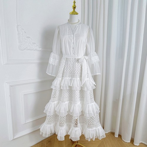 HOLLOW LACE TRUMPET LONG SLEEVE HIGH WAIST DRESS / WD-0221 - COLOR WHITE