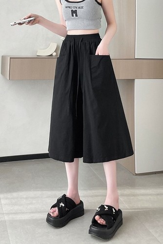 WIDE LEG HIGH WAIST CROPPED SKIRT PANTS / WD-0234 - COLOR BLACK
