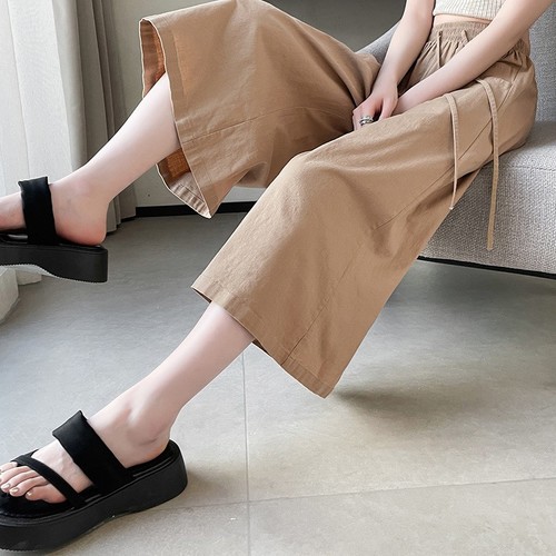 WIDE LEG HIGH WAIST CROPPED SKIRT PANTS / WD-0232 - COLOR KHAKI