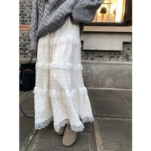 LACE DESIGN HIGH WAIST SKIRT / WD-0249 - COLOR WHITE