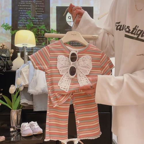 STRIPED T-SHIRT AND PANTS 2-PIECES / BB-0298 - Color : Pink Stripes [Set] 1528#  Suitable for height : 90cm