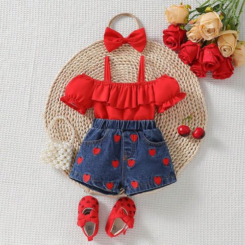 BABY GIRL TOP AND DENIM SHORTS / BB-0080 - Color : Red Suitable for ages : 9-12M, 12-18M, 18-24M, 2-3Y