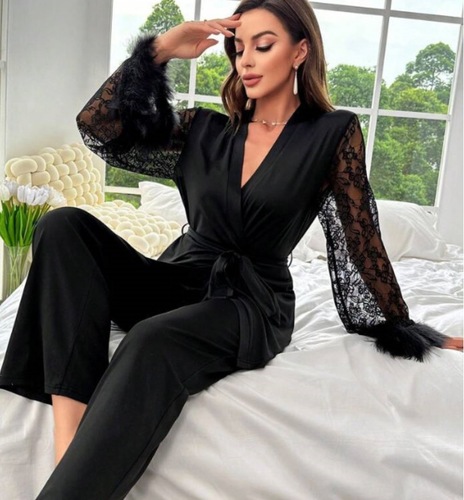 LACE V-NECK PAJAMAS AND ROBE- SET / WD-0255 - Color : Black Size : L, XL, XXL