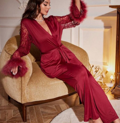 LACE V-NECK PAJAMAS AND ROBE- SET / WD-0256 - Color : Red Size : XL, XXL