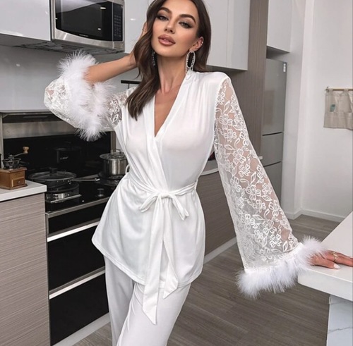 LACE V-NECK PAJAMAS AND ROBE SET / WD-0257 - Color : White Size : L, XL
