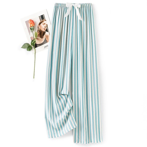 LOOSE SILK PAJAMAS FOR WOMEN / WD-0265 - COLOR GREEN STRIPES ONE SIZE