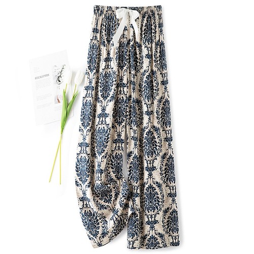 LOOSE SILK PAJAMAS FOR WOMEN / WD-0266 - COLOR PRINTED BLUE ONE SIZE