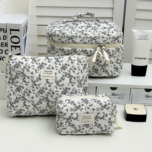 COSMETIC BAG 3 PIECES-SET SMALL / BG-0098 - Color : Black and white floral Size : small