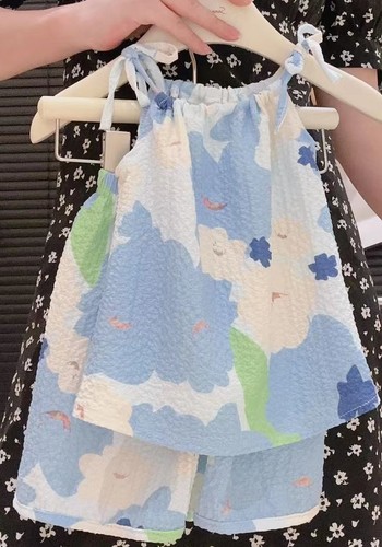 TWO PIECE STYLISH FLORAL SLING VEST AND PANTS / BB-0093 - COLOR BLUE