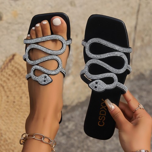 RHINESTONE ONE LINE FLAT SLIPPERS / WS-0078 - COLOR BLACK