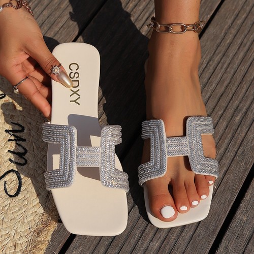 RHINESTONE FLAT SLIPPERS / WS-0082 - COLOR WHITE AND SILVER