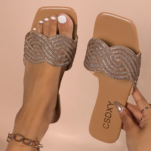 RHINESTONE FLAT SLIPPERS / WS-0083 - COLOR BROWN