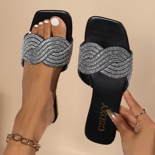 RHINESTONE FLAT SLIPPERS / WS-0084 - COLOR BLACK AND SILVER