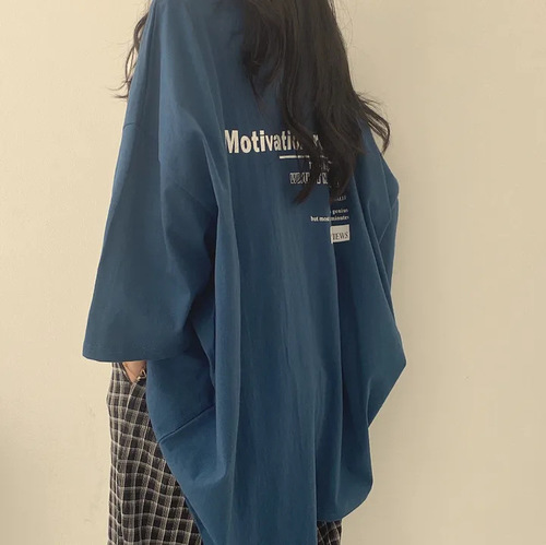 KOREAN-STYLE MID-LENGTH LOOSE T-SHIRT / WD-0283 - Color : 30718 Blue Size : M, L