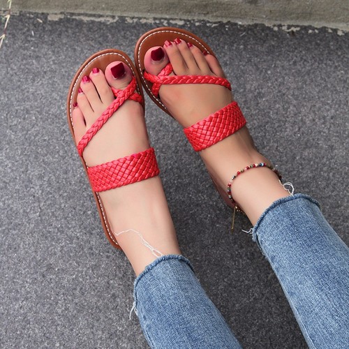 FLAT WOVEN STRAP SANDALS / WS-0089 - COLOR RED