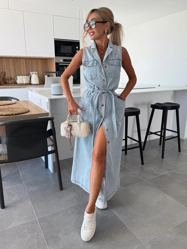SLEEVELESS DENIM DRESS / WD-0284 - Color : Light Blue Size : L