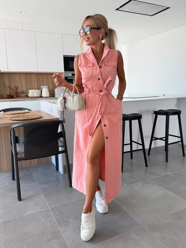 SLEEVELESS DENIM DRESS / WD-0285 - Color : Pink Size : M, L